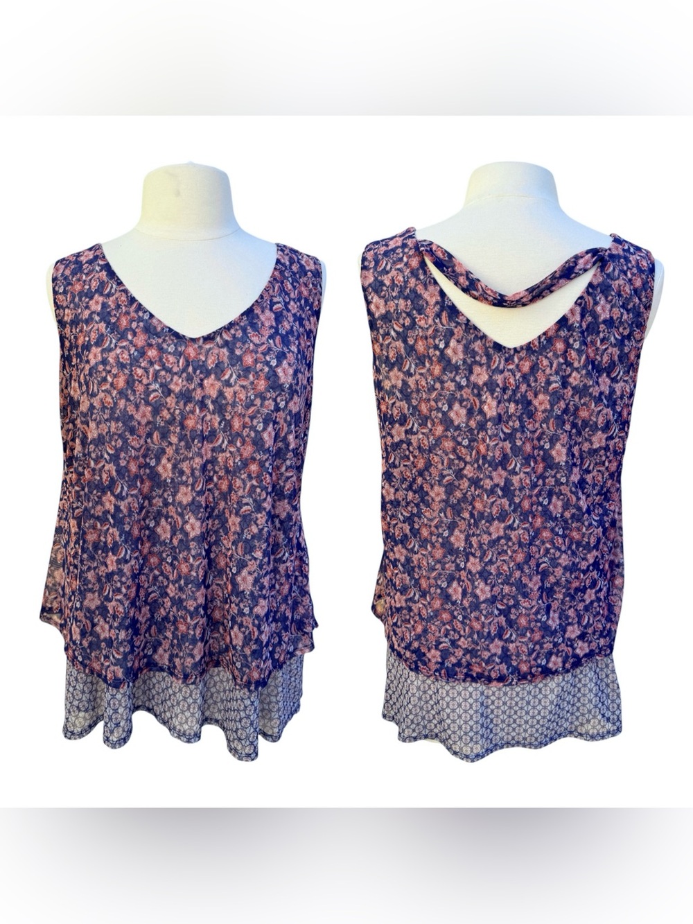 Perseption Concept Boho Floral Mesh Overlay Tank Top Sz XL Layered Cottagecore